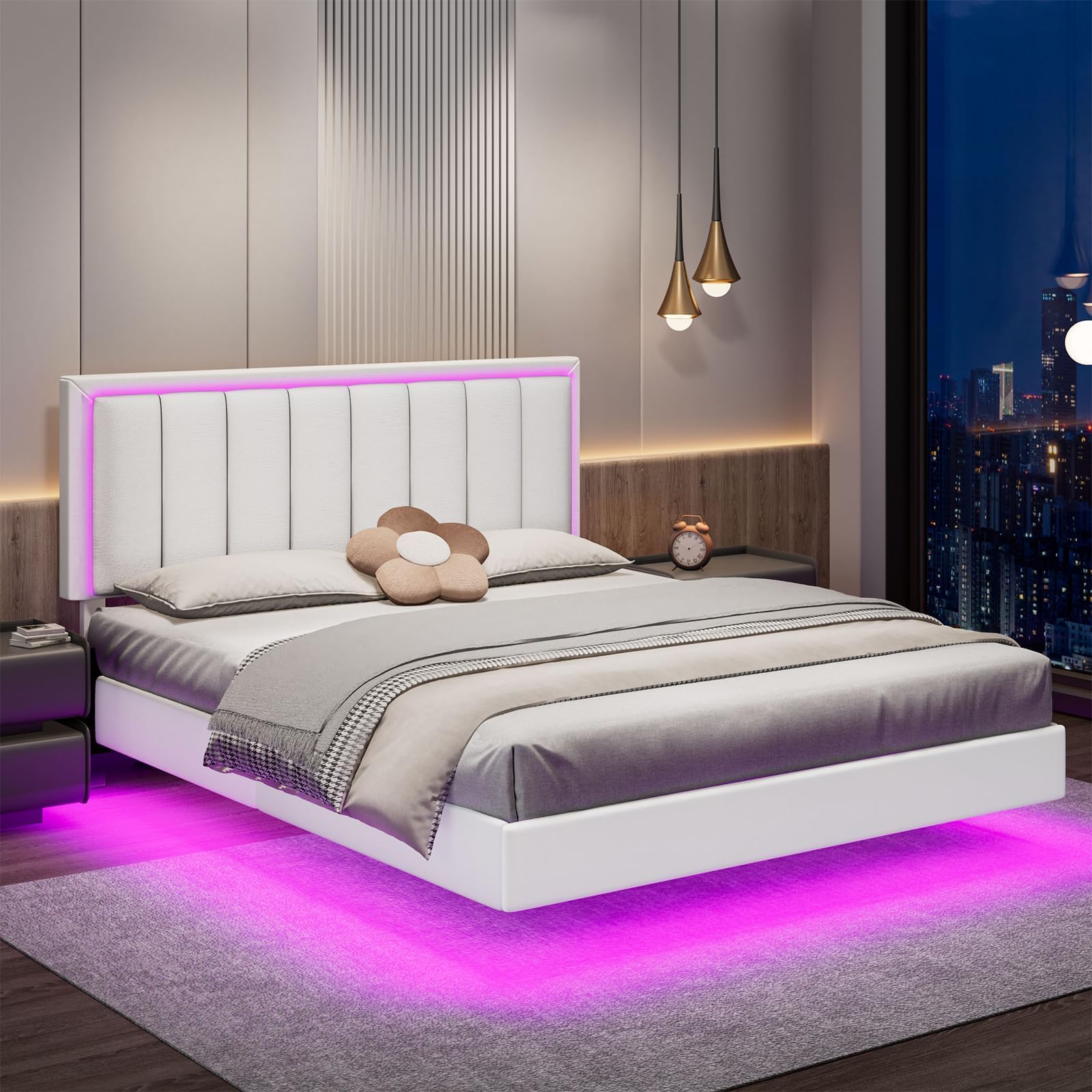 Floating Full Bed Frame with LED Lights, Full Size Bed Frame with Headboard, Upholstered Bed Frame Full, No Box Spring Needed, Noise-Free, Easy Assembly, White