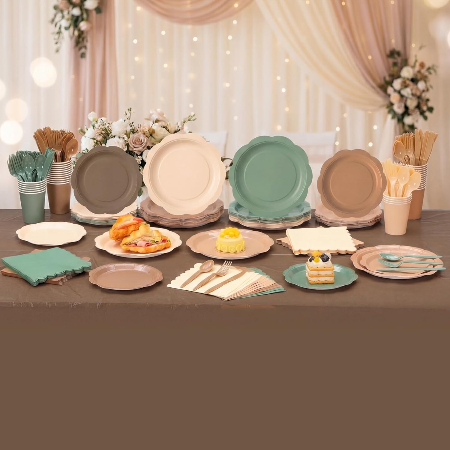 Ceenna 390 Pcs Woodland Baby Shower Decorations for 48 Guests, Sage Green and Brown Neutral Forest Theme Paper Plates Napkins Cups Tablecloth Cutlery for Birthday Wedding Baby Shower Party