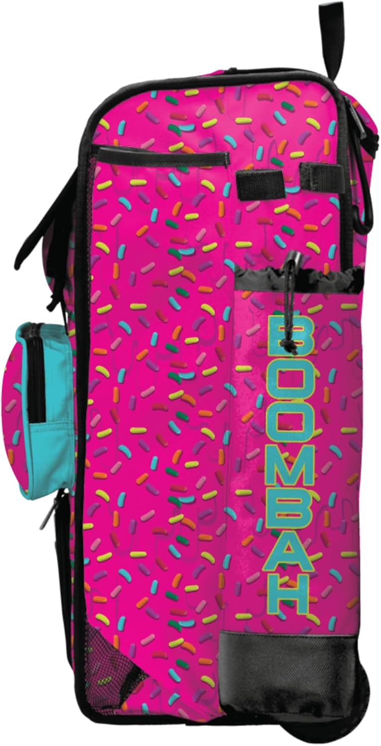 Boombah Rolling Catchers Superpack Baseball/Softball Bat Bag - Telescopic Handle - Holds 4 Bats - Wheeled Version - Sprinkle Explosion Fluorescent Pink/Aqua/Twitch
