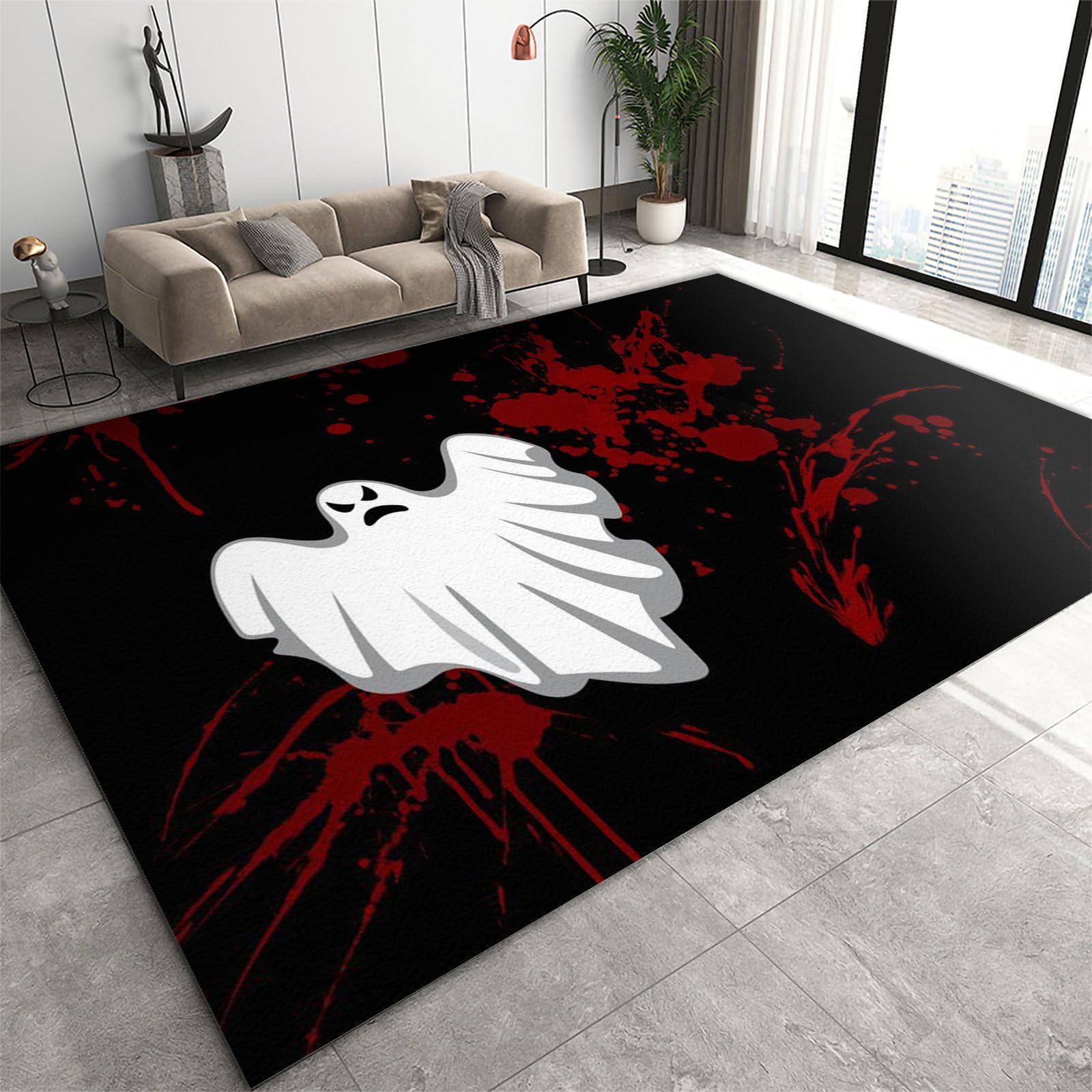FIEMAR Area Rug 50 x 80 cm White Horror Ghost Living Room Rugs, Black Red Indoor Carpet Foldable Anti-Slip for Halloween Bedroom Bedside Under Dining Table Laundry Room Playroom Apartments Office