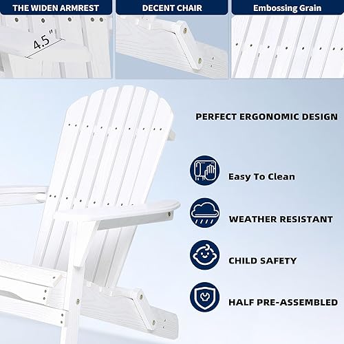 Miniatura 6 de Juego de 2 sillas Adirondack plegables de madera para jardín al aire libre de madera en relieve, cedro macizo con grano (blanco)