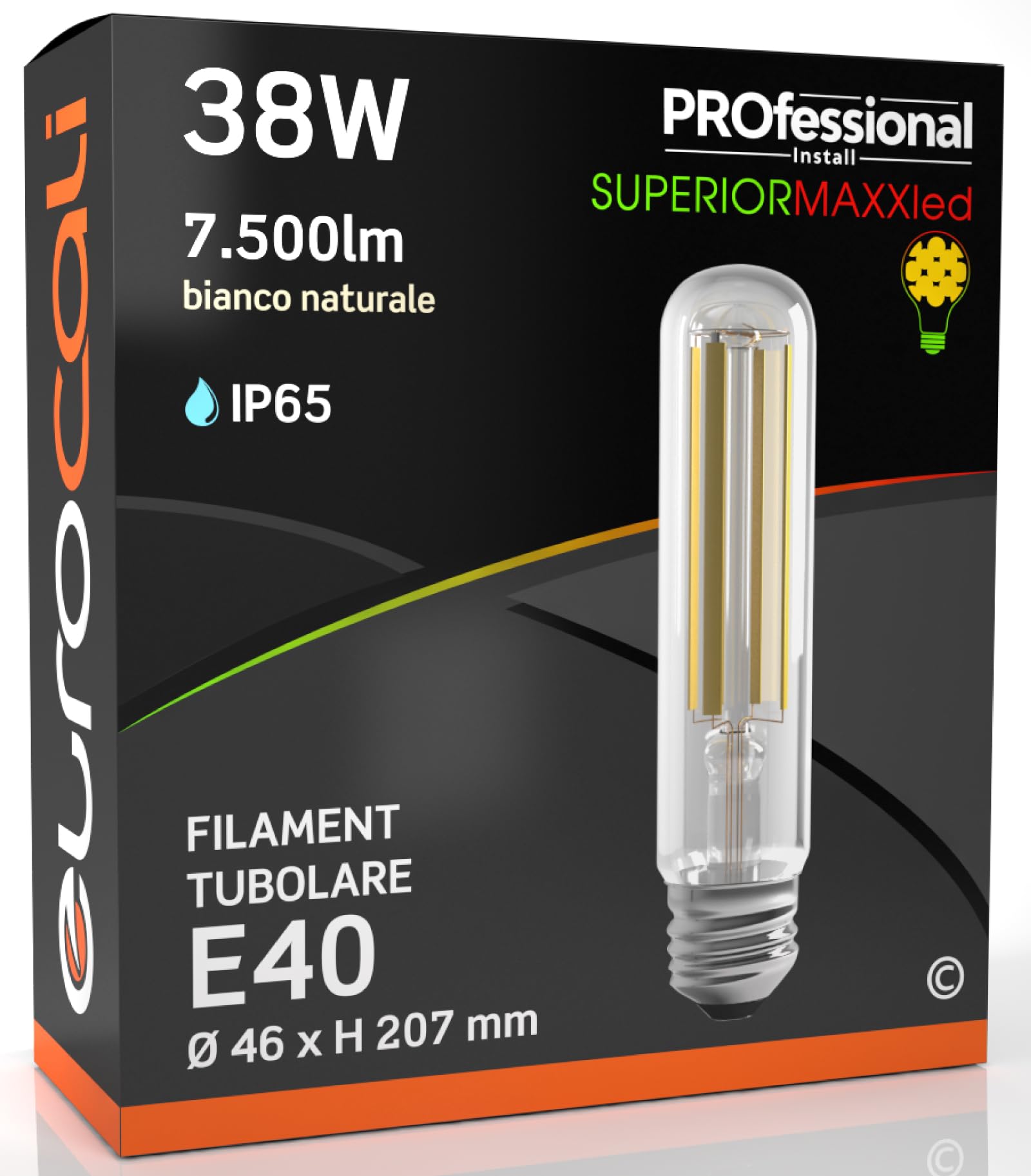 Eurocali Lampada LED E40 38W Tubolare 7500 lumen Filamento Bianco Naturale 4000K - Sostituzione Alogenuri Metallici - Alta Efficienza 197 lm/W - Impermeabile IP65 - diffusore in vetro trasparente