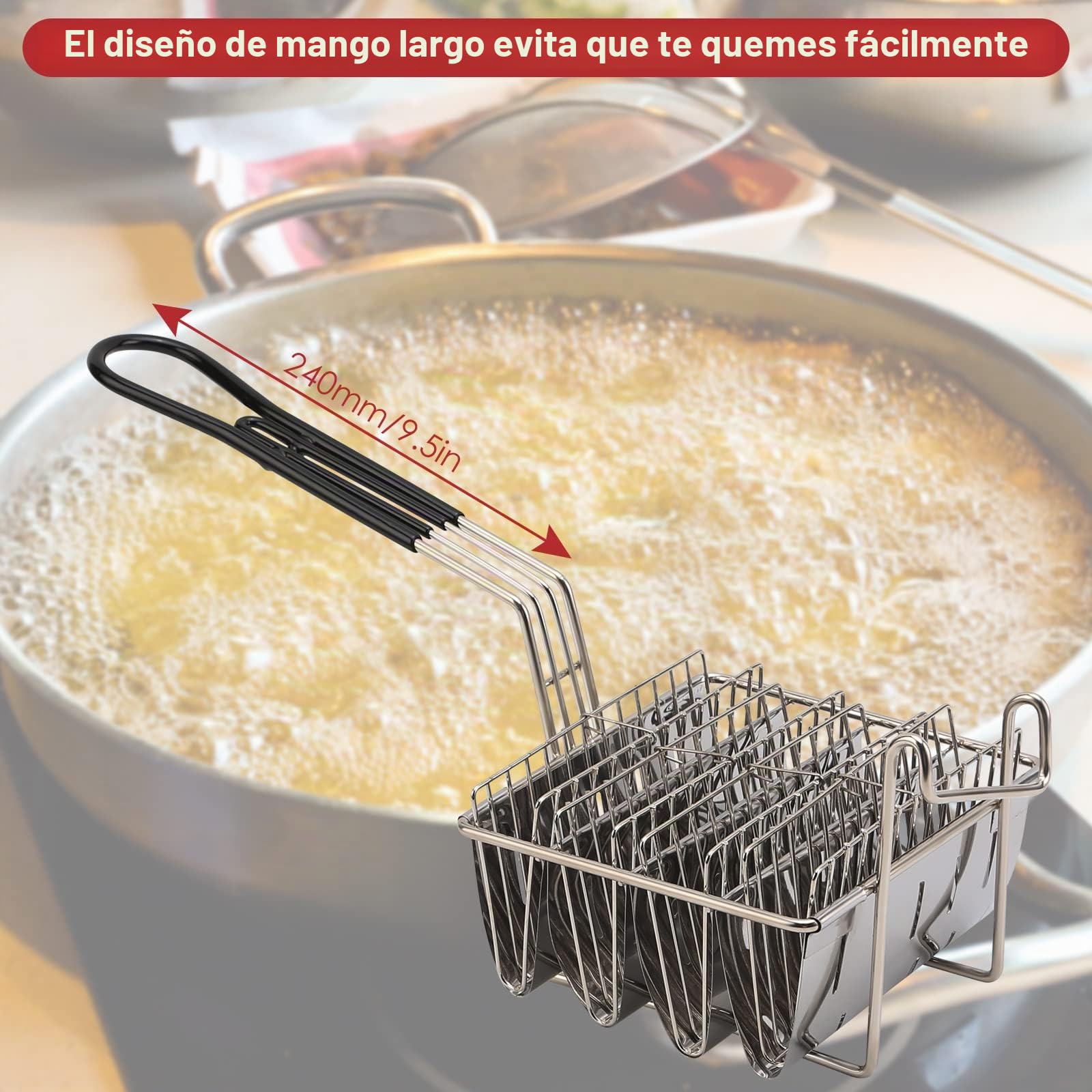 Taco Freidora Cesta de Acero Inoxidable, Soporte para Taco de 4 Tacos con Mango Extraíble | Apto para lavavajillas Taco Schalen Former para tacos perfectos, utensilios de cocina para gastronomía y hogar