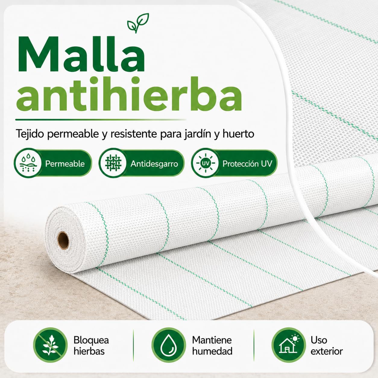 Malla Antihierba Blanca 2x25m, 105gr, Malla Geotextil contra Maleza y Malas Hierbas, para el Huerto, Estable a Rayos UV y Permeable