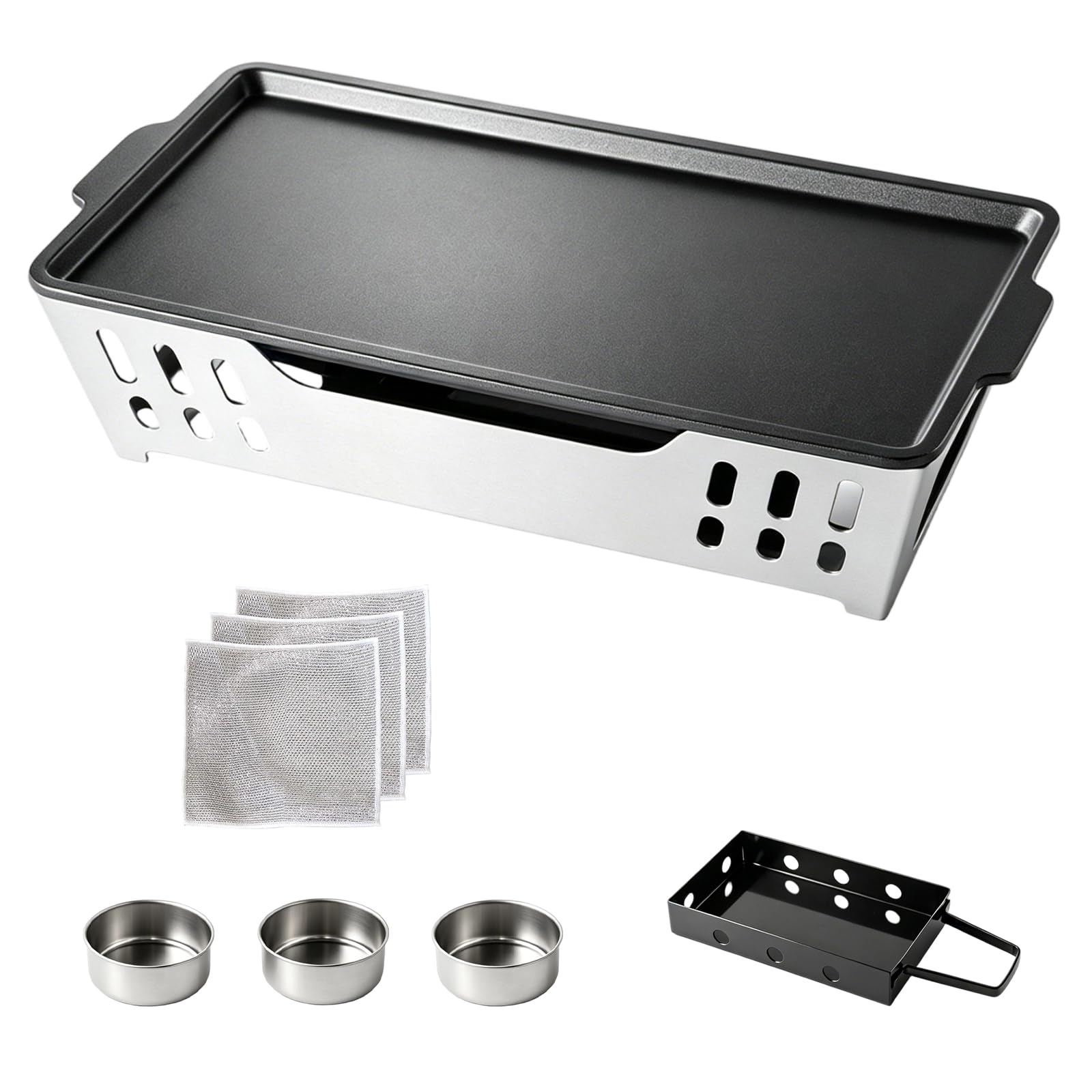 Piastra calda per barbecue, contenitore per alimenti e grigliate, piastra in alluminio antiaderente con tre portacandele in acciaio inox, accessorio per barbecue, per giardino, campeggio e barbecue