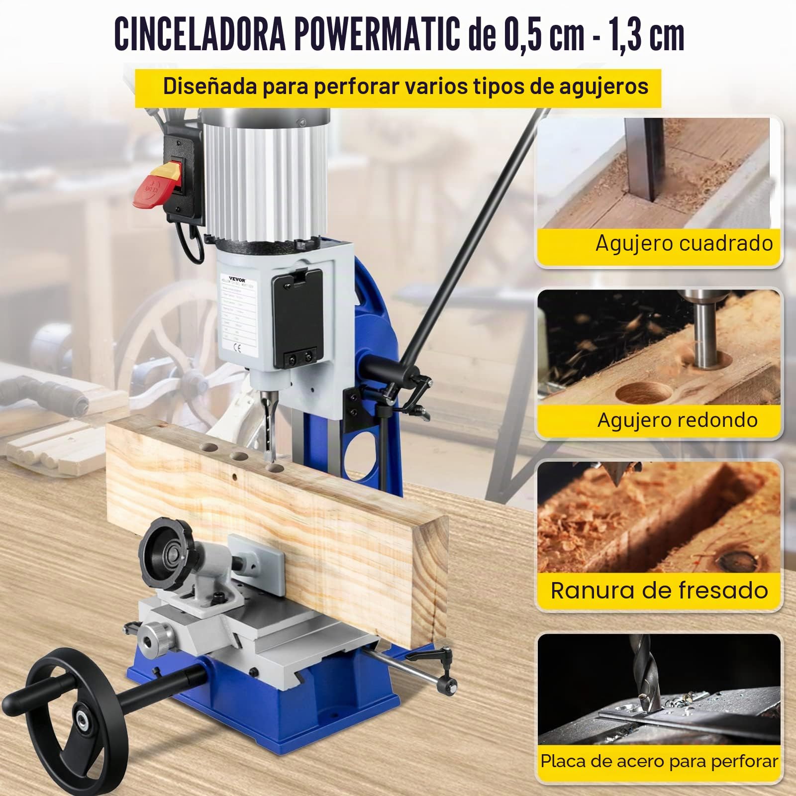 VEVOR Máquina Embutidora con Banco de Trabajo Móvil para Trabajo de La Madera Perfecta para La Realización de Tenones Cuadrados Utilizar para Procesar Productos de Madera y Materiales Metálico