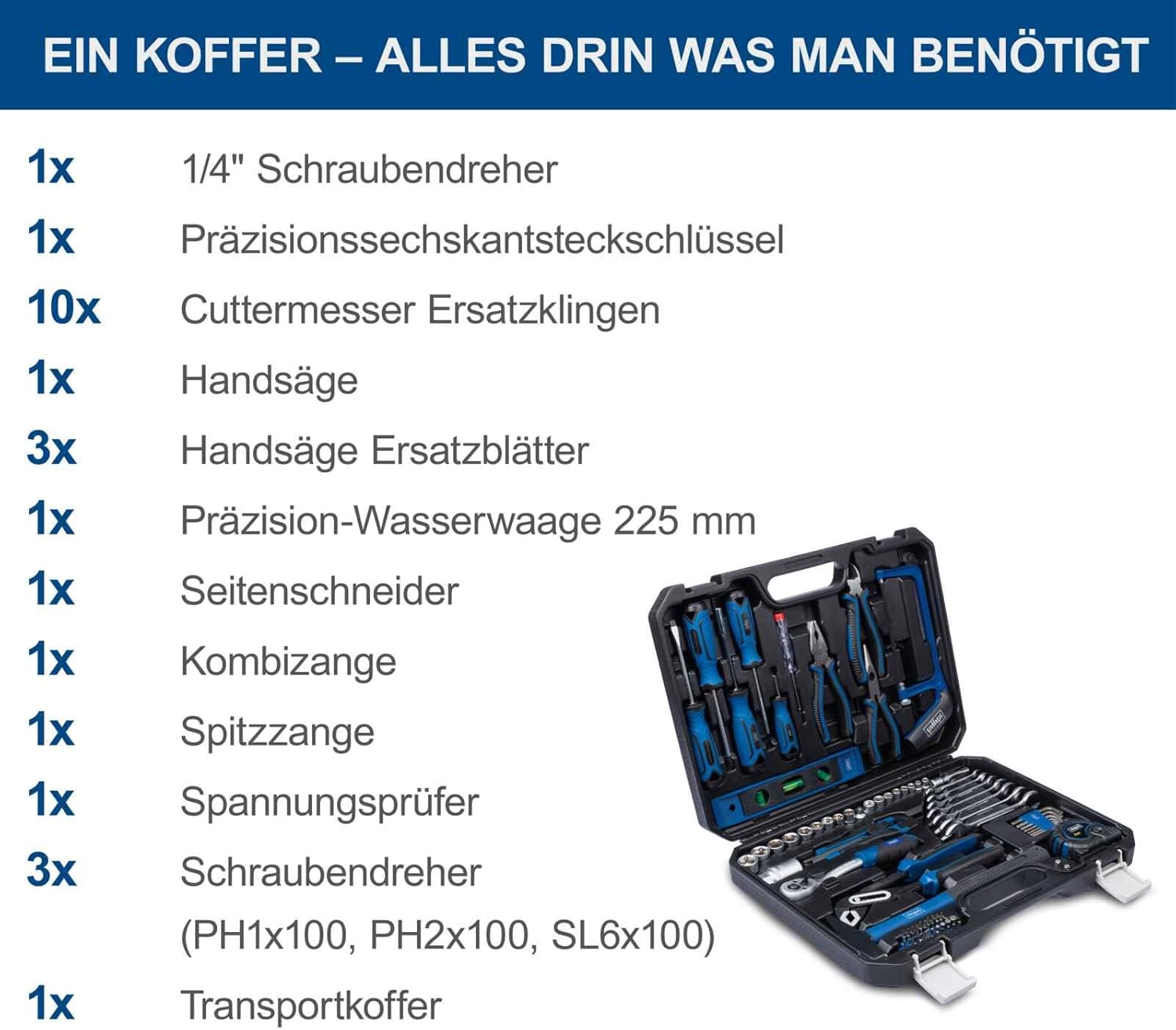 Scheppach Tool Box WZK120 | 97-Piece Tool Set in Sturdy Plastic Case | Tools with Rubberised Handle | Bit Inserts, Screwdrivers, Hex Sockets and Much More