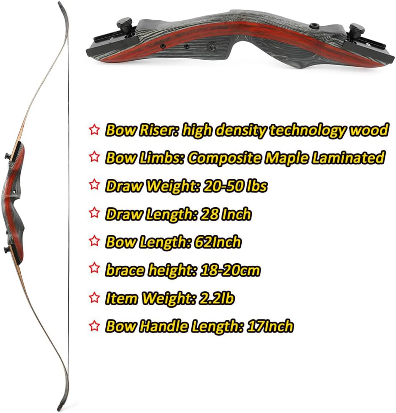 62" Takedown Arco Ricurvo Set Archi Ricurvi e Freccia per Adulti Principianti 20-50Lbs Arco da Caccia Mano Destra Arco di Legno Riser per la Caccia Tiro al Bersaglio