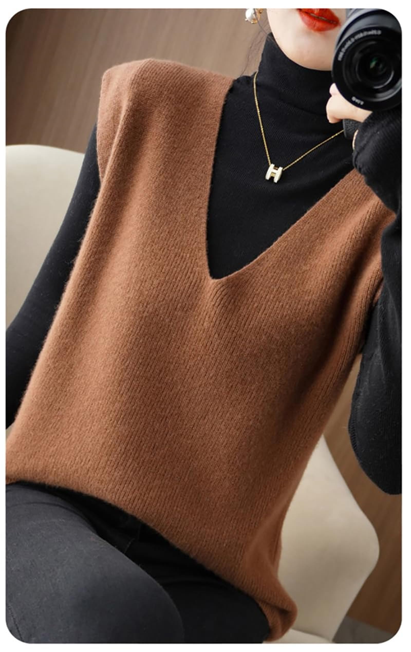 Strickweste für Damen, Kaschmir-Pullover, V-Ausschnitt, Schlitz, Kaschmir-Strick, ärmellos, lose Weste