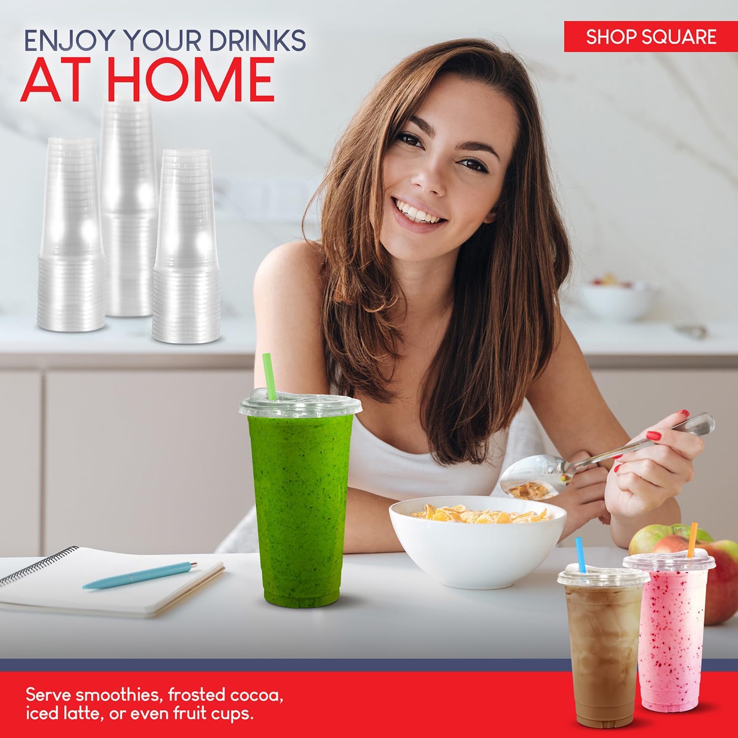 32 oz Plastic Cups with Strawless Sip Lids (50 Pack) - Disposable Clear Cups for Iced Coffee, Boba, Milk Tea, Smoothies, and Fruit Shakes - Image 5