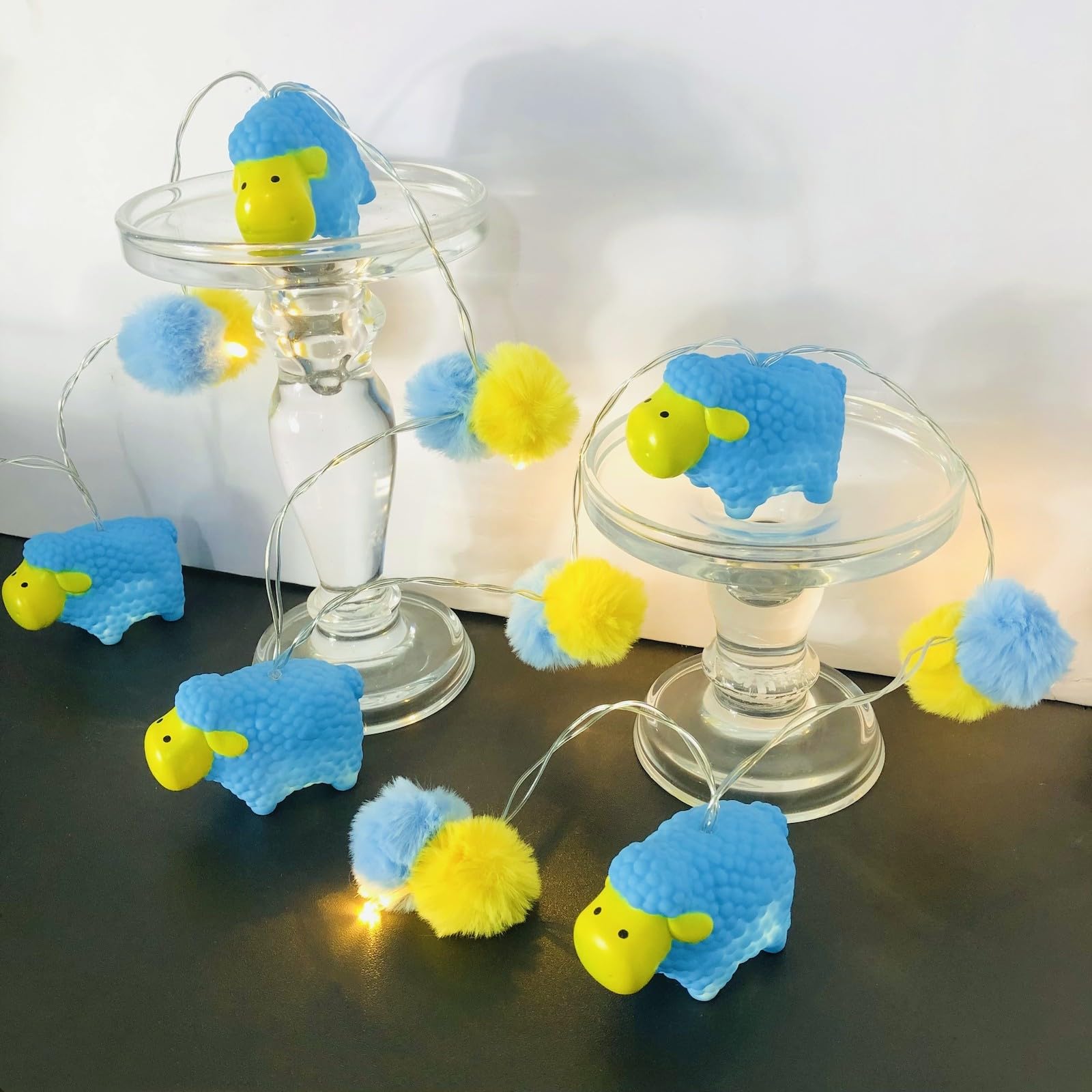 Riaxuebiy Cute Christmas Pom Pom Fairy Lights, Battery Powered 1.65M 10 LED Colorful Pompoms Sheep String Light for Xmas Party Indoor Girls Boys Bedroom Hawaii Beach Party Decoration (Blue Sheep)