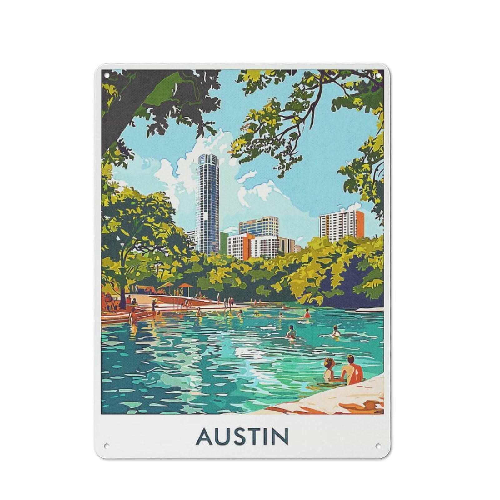 Urban Austin Cityscape with Pool Decorative Metal Plaque 40x30cm, Urban Room Decor for Flat, Bar, Studio Or Gallery Wall