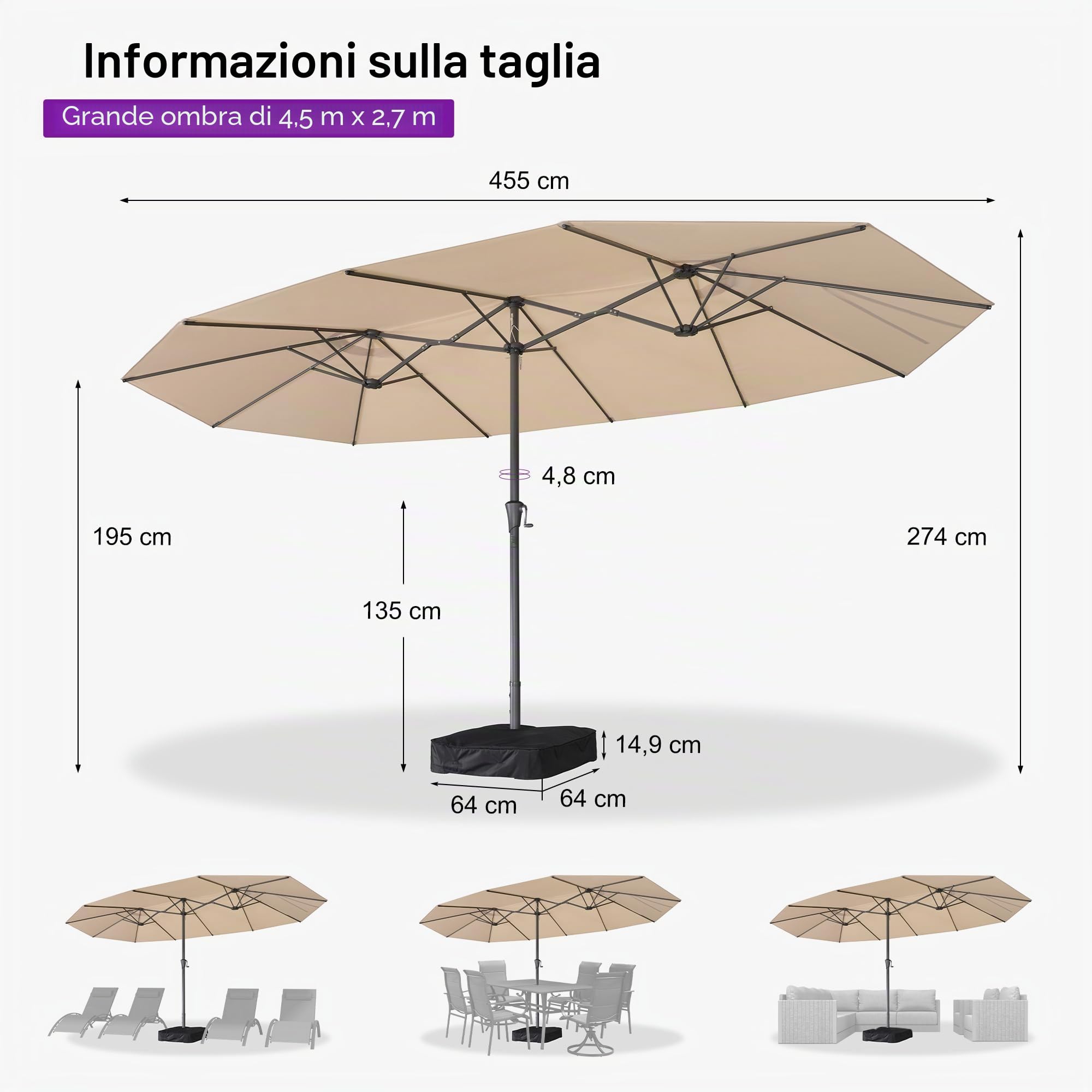 PURPLE LEAF Ombrellone da Giardino Esterno 455 x 270 cm in Alluminio, Grande Ombrellone Doppio con Piedino, per Terrazza, Giardino, Balcone e Piscina, Beige