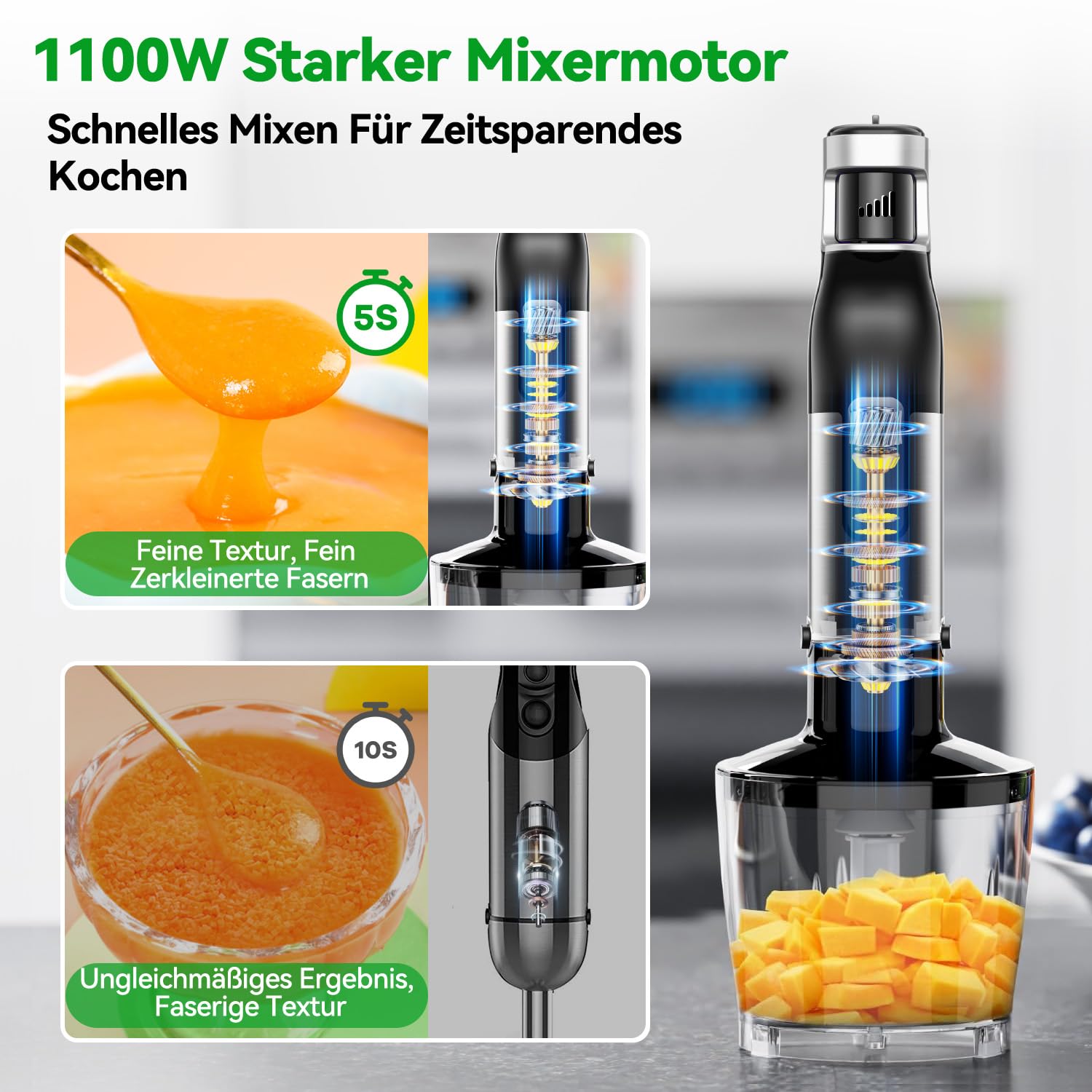 BESROY Stabmixer Set 5 in 1, 1100W Pürierstab Elektrisch, Edelstahl Hand Blender inkl. Häcksler, Schneebesen, Milchaufschäumer & Messbecher