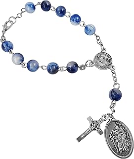 Saint Benedict One Decade Rosary for Car Rearview Mirror St Christopher Medal 8mm Glass Prayer Beads Catholic Evil Protection Auto Rosary Bracelet for Women Men