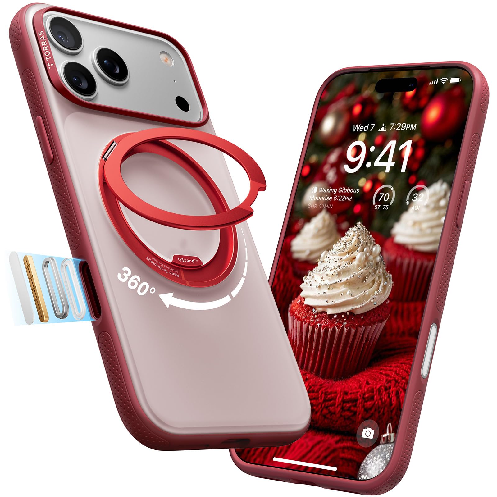 Photo 1 of TORRAS 360 Magnetic Stand for iPhone 17 Pro Max Case, [Fit for MagSafe] [4X Military-Grade Protection] Slim Case for iPhone 17 Pro Max, 6.9", Translucent Burgundy Red, Ostand O3 Fitness Series