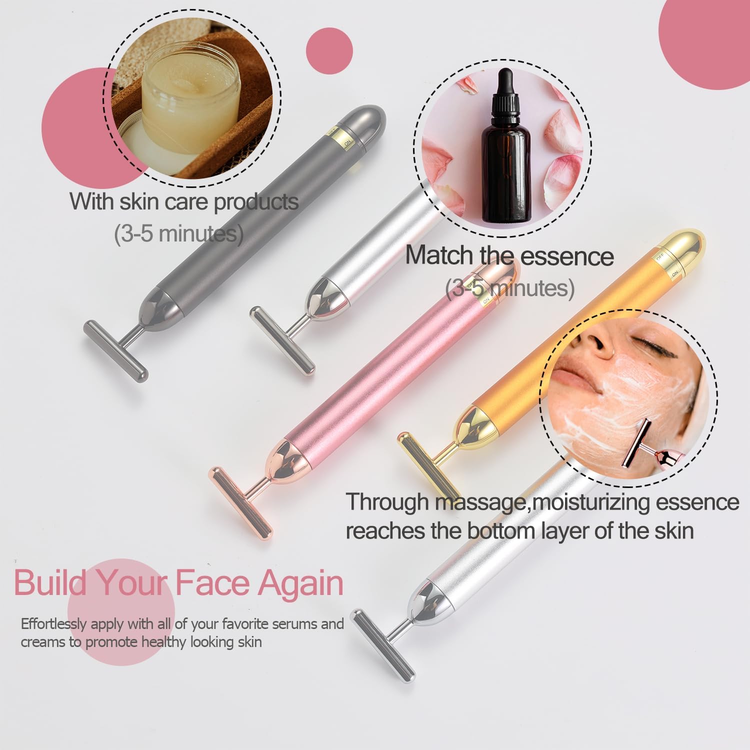 Beauty Bar 24K Gold Facial Massager - Face T Shape Tool for Skin Care Tightening with Ergonomic Design (Grey) - Image 3