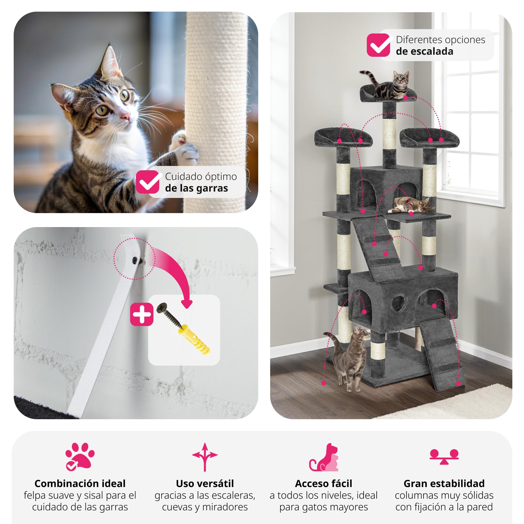 tectake® arbol rascador para Gatos, sisal Resistente, casa 3 nidos, Sistema antivuelco, Poste rascador Gatos, Cama de Gato, Juguetes para Gato - 170 cm Alto Gris