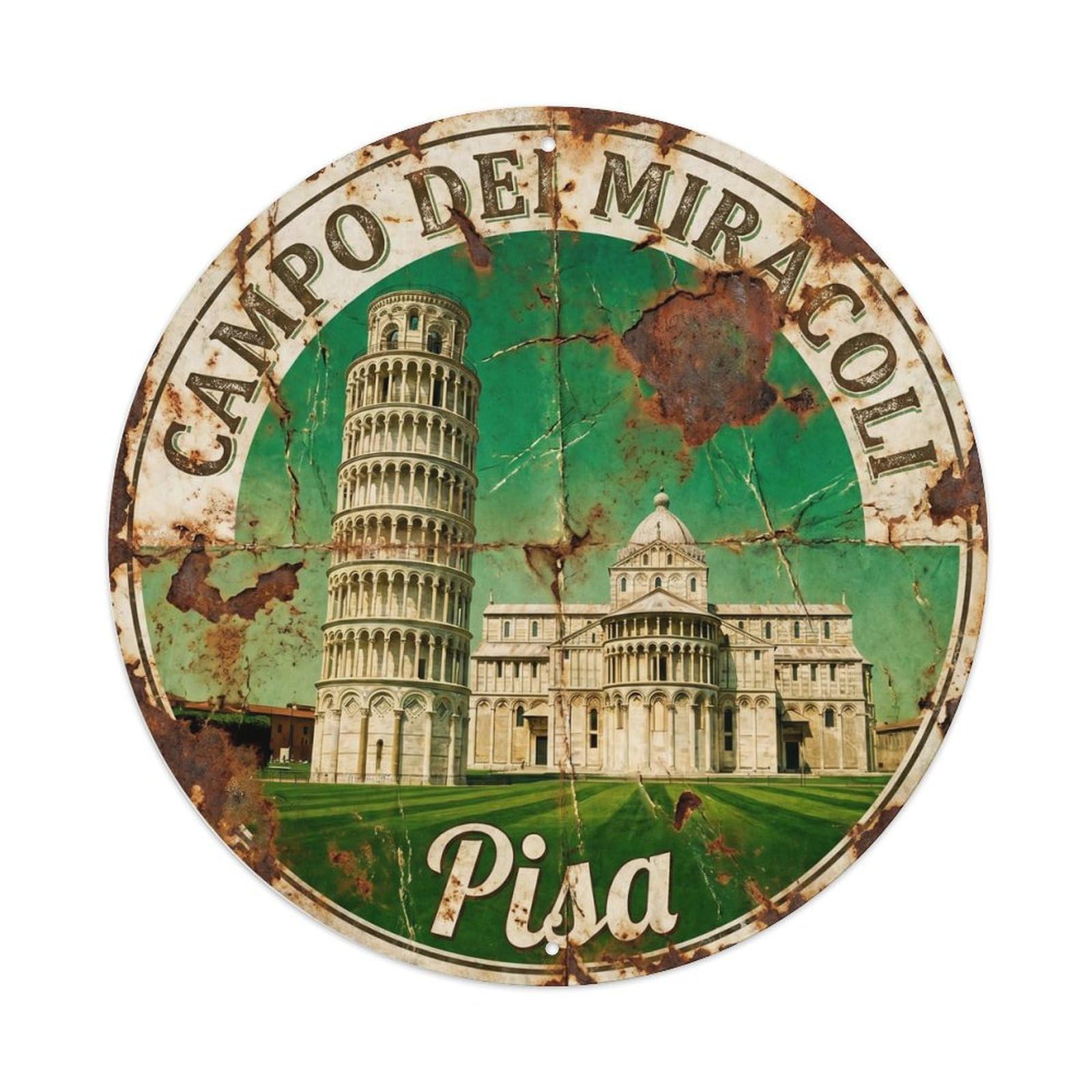 Vintage Travel Pisa Campo Miracoli Metal Tin Sign Plaque Wall Decor for Cafe, Club Bar, Office, Home Garden Round Metal Poster 8x8Inch