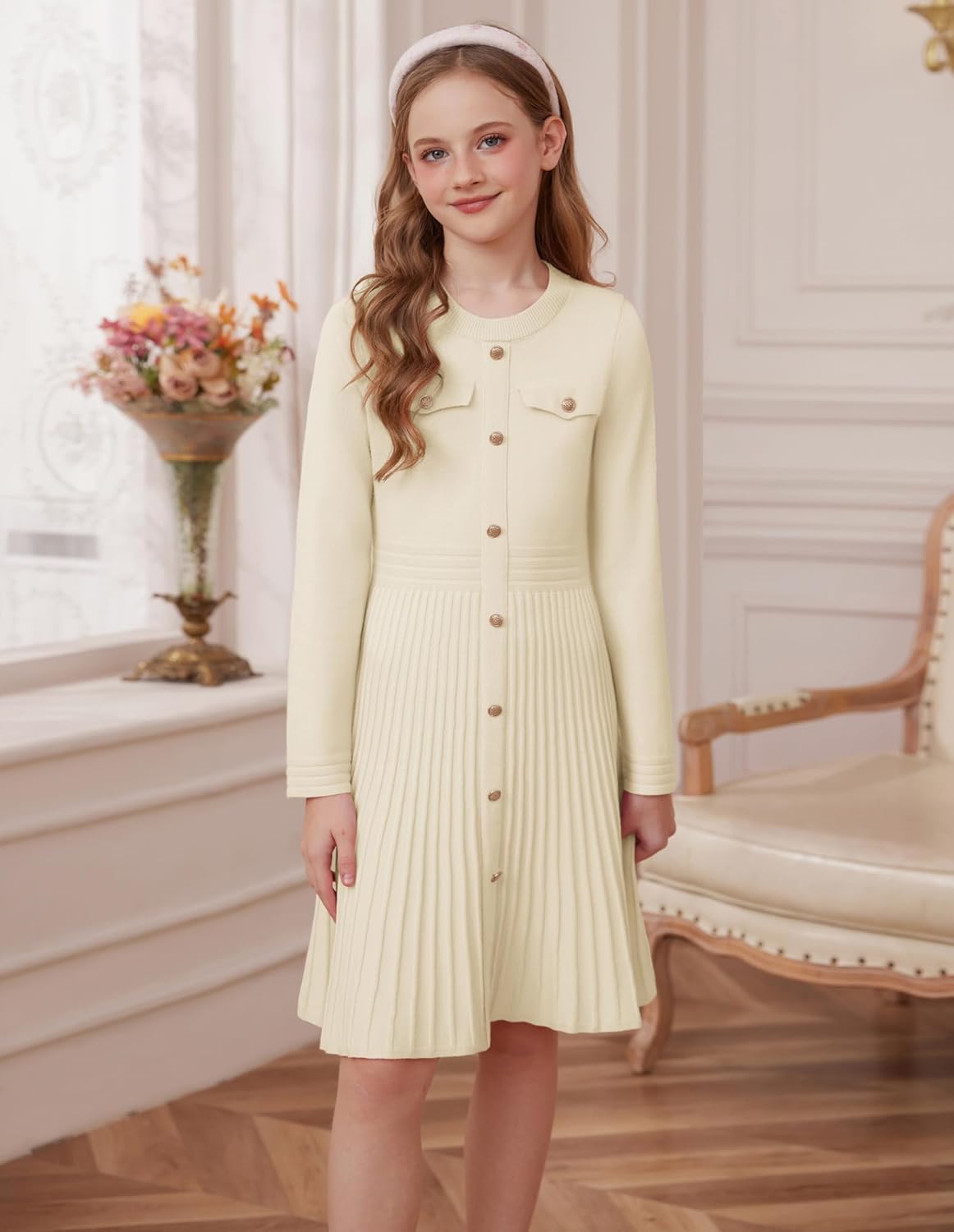 GRACE KARIN Girls Sweater Fall Dress Long Sleeve Knit Button Front Pleated A-Line Casual Winter Midi Dresses 5-14Y - Image 3
