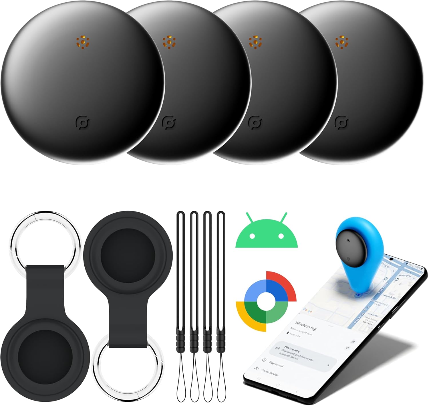 Air Tracker Tags-4 Pack for Android with Case- Bluetooth Tracker Item Finder for Key, Wallet, Pet, Luggage - Works with Google Find Hub, IP66 Waterproof, Smart Tag for Android & Samsung Phones(Black)