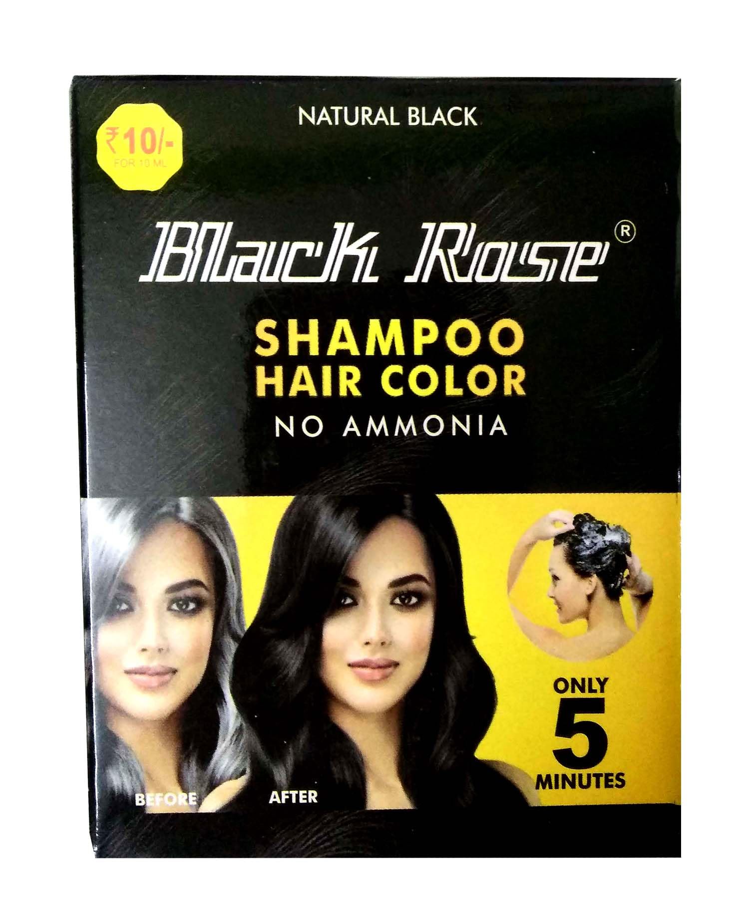 Black Rose Hair Color Shampoo Natural Black with Free Gloves || Easy to Use || No Ammonia || Instant black in just 5 Minutes (Pack of 10 Sachets of 10ml Each)