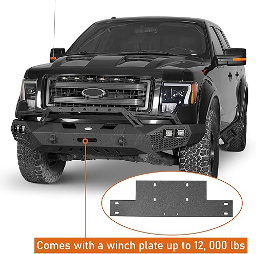 Miniatura 3 de Hooke Road Parachoques delantero 09-14 F150 con barra de toro y placa de cabrestante para Ford F-150 2009 2010 2011 2012 2013 2014 (excluye Raptor),