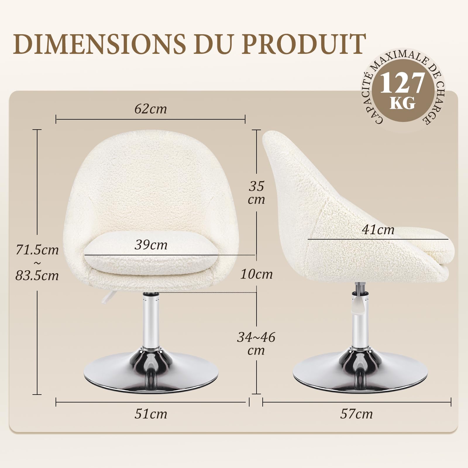 Hellove Chaise Coiffeuse Sherpa Blanc, Tabouret de Coiffeuse 360° Pivotant, Tabouret Siège Vanity Chair Hauteur Réglable avec Rembourrage Épais (10 cm) Double Couche pour Salon Chambre, 127 KG