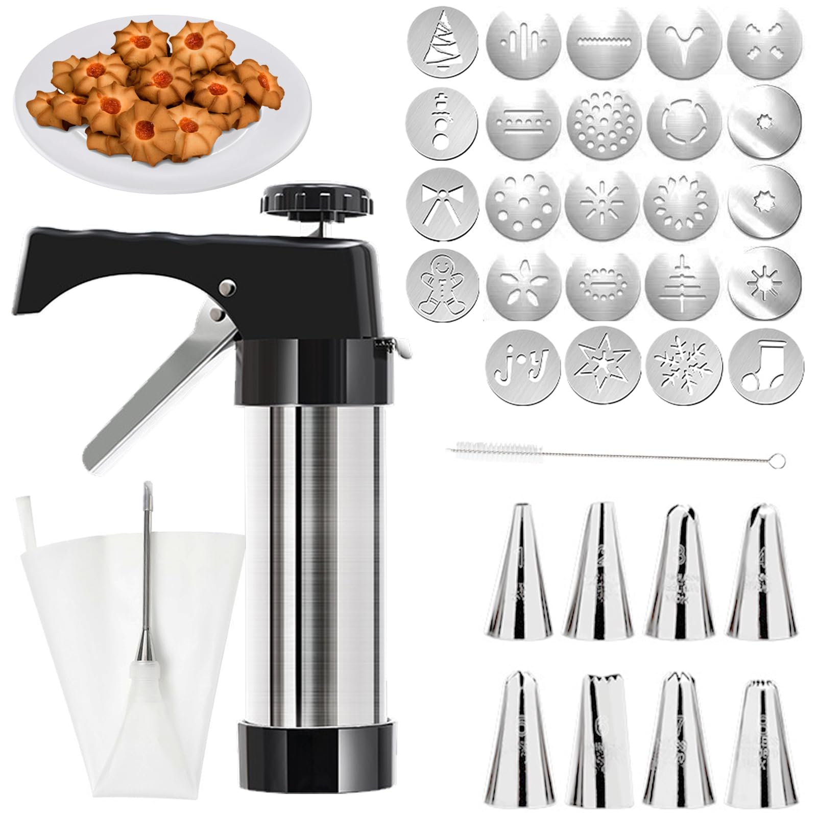 Pistolet à Patisserie, Professionnelle Pistolet a Douille Patisserie Aciers Inoxydables Machine à Biscuits avec 16 Gabarits, 8 Douilles, Sac à Cadre en TPU et Brosse de Nettoyage pour Gâteaux Biscuits