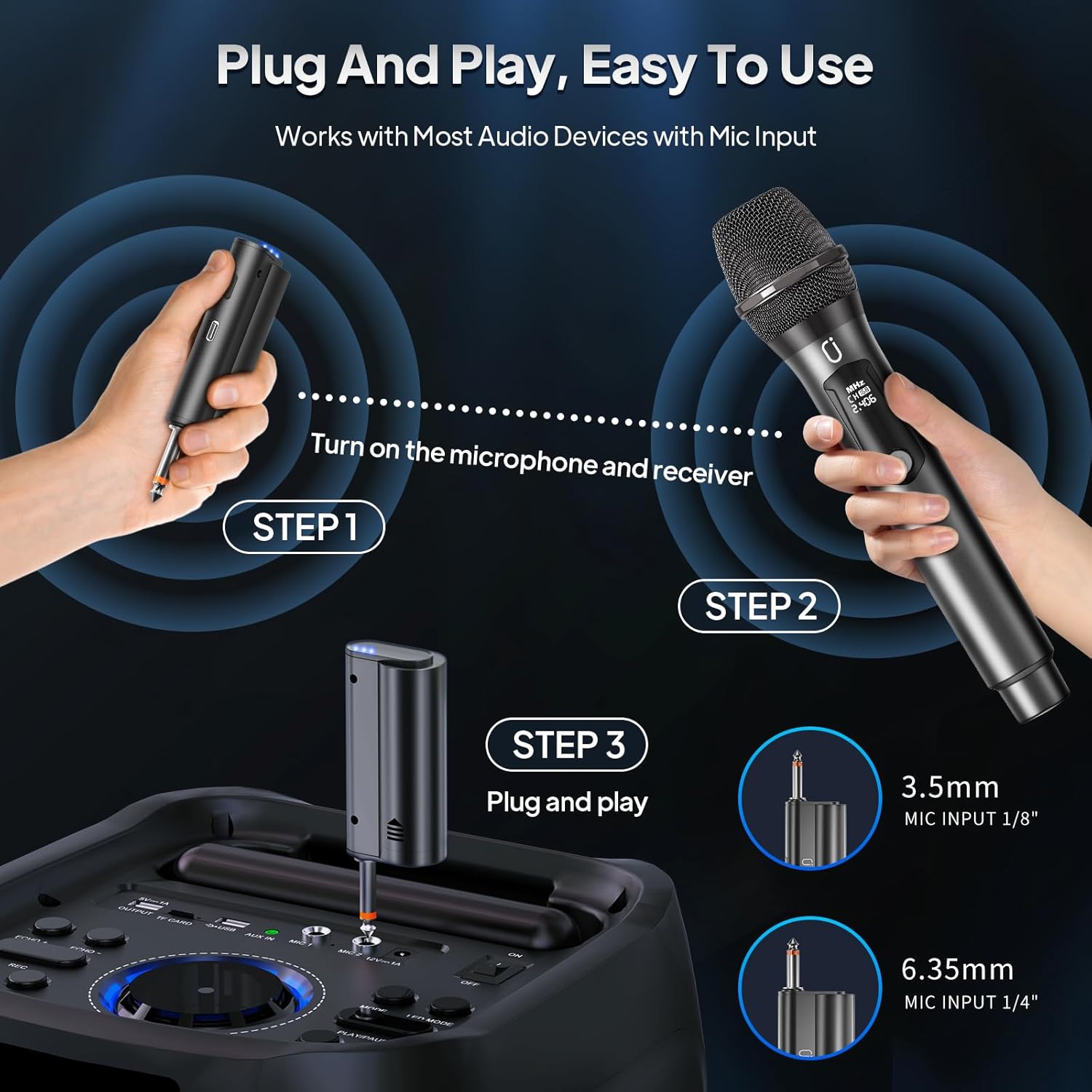 Wireless Microphones, Two Rechargeable Bluetooth 5.3 Microphones for Karaoke Singing, Rechargeable Dynamic Mic System with Receiver for Church, Party, Meeting, Speech, PA System, Plug and Play (10W)