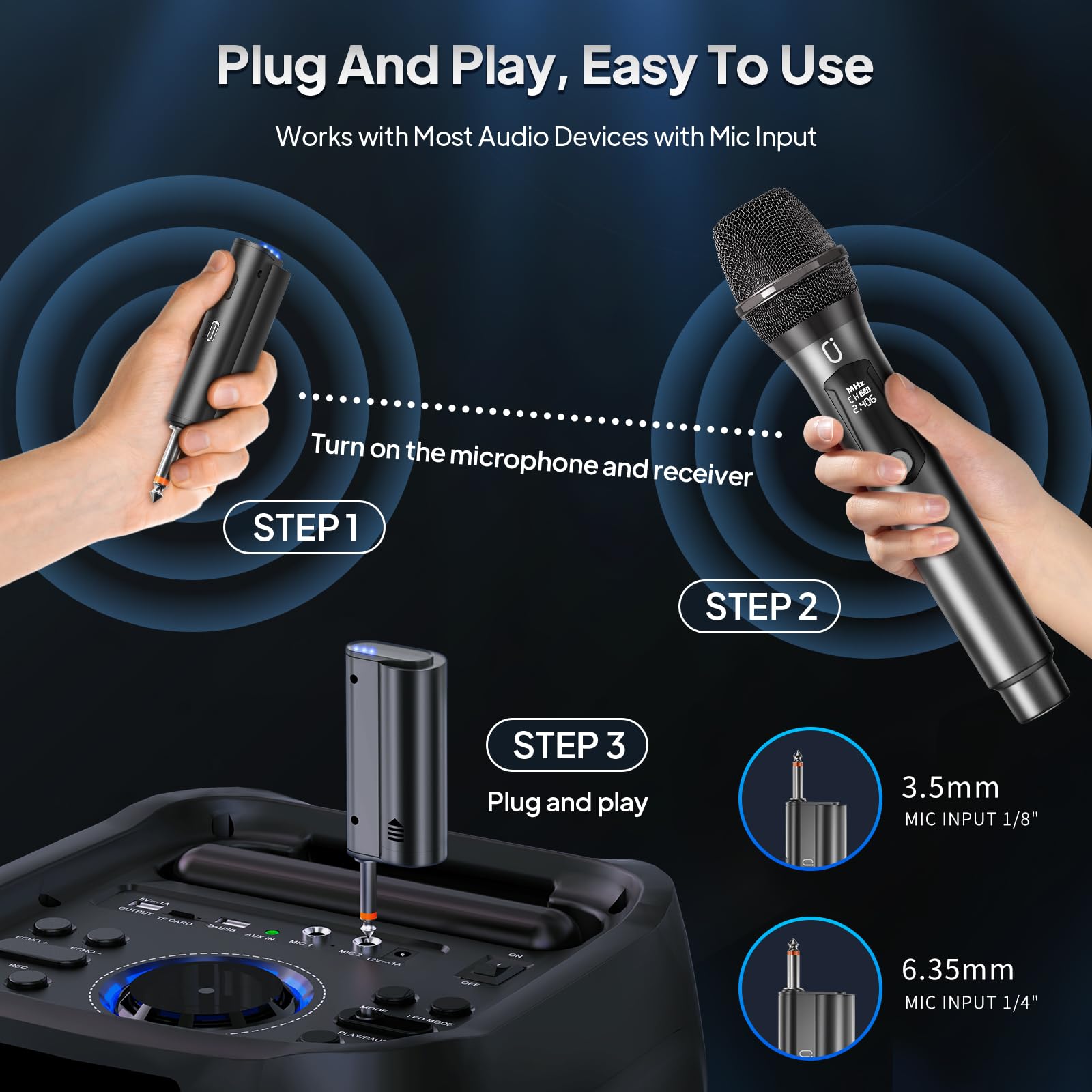 PPMIC Microphones rechargeables sans fil, double microphone UHF professionnel pour karaoké, système de microphone dynamique sans fil avec récepteur rechargeable