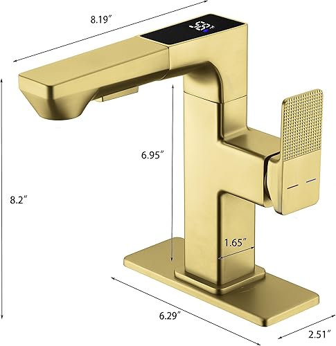 Miniatura 5 de Grifo de lavabo de baño LED dorado, grifo de baño dorado con rociador extraíble, pantalla digital de temperatura, grifo de tocador de baño de una