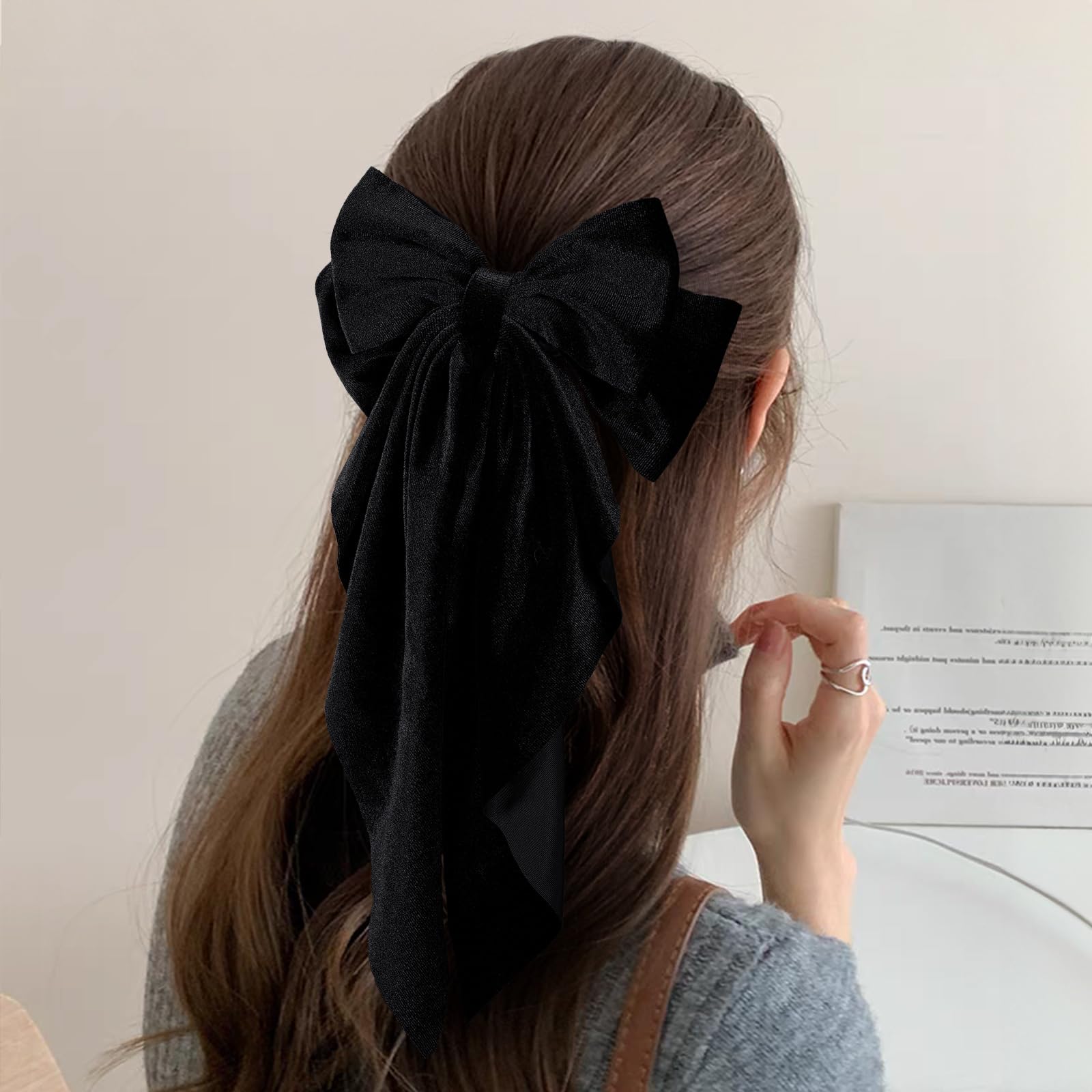 Amazon.com : Black Large Velvet Ribbon Hair Bow Clip with Long