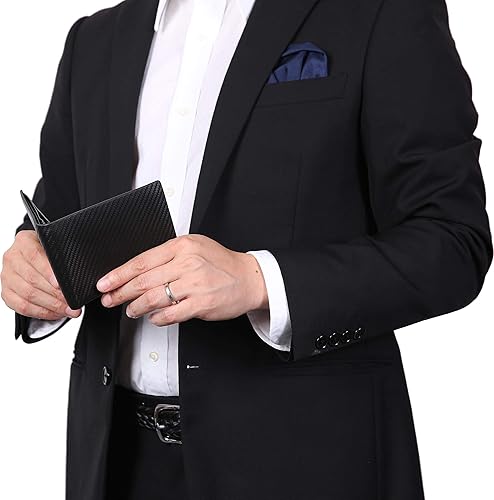 Miniatura 8 de NUMBER.WU Carteras para hombres de fibra de carbono de cuero genuino plegable plegable identificación RFID bloqueo triple cartera para hombre,