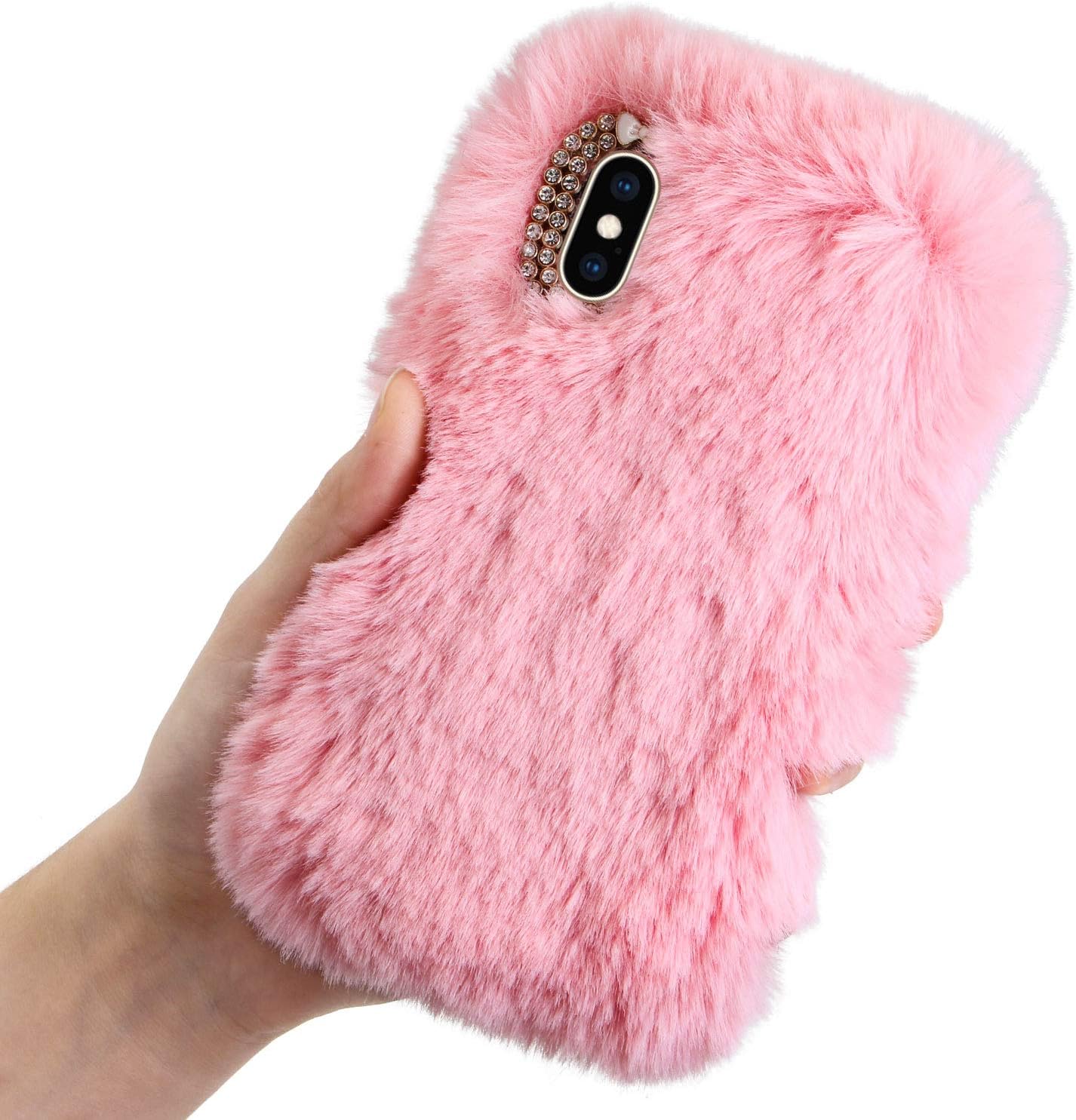 LCHDA Plush Case for iPhone 7/iPhone 8 Rabbit Fur Case, Bunny Furry Fluffy Fuzzy Phone Case for Girls Cute Winter Warm Hair Soft TPU Back Case Cover with Luxury Diamond Bowknot-Pink(4.7)