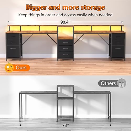 Miniatura 7 de Escritorio para computadora de 98.4 pulgadas de largo con 9 cajones, escritorio de juegos para 2 personas con luces LED y toma de corriente,