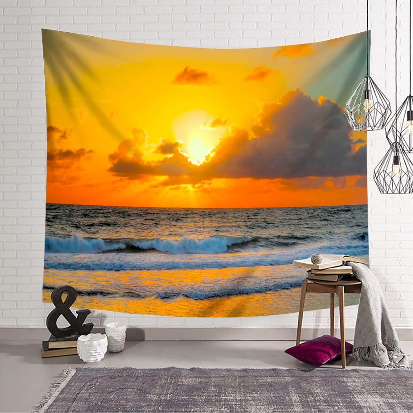 Homxi Wandteppich Wall Hanging 260 W x 240 H CM, ​​Strandmeer Sonnenuntergang​​, Polyester Tapestry, Gelb Schwarz