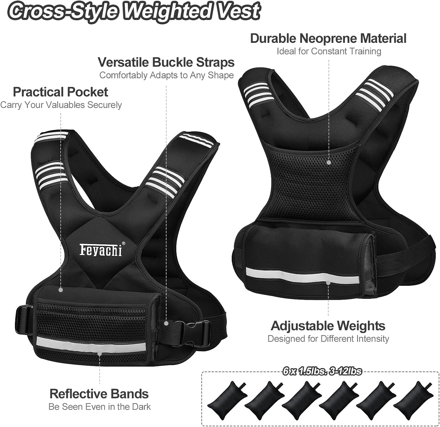 Feyachi Adjustable Weighted Vest - 3-12 lbs/12-20 lbs/20-32 lbs X Type Weight Vest with Reflective Stripe Ideal for Running Workout and Training