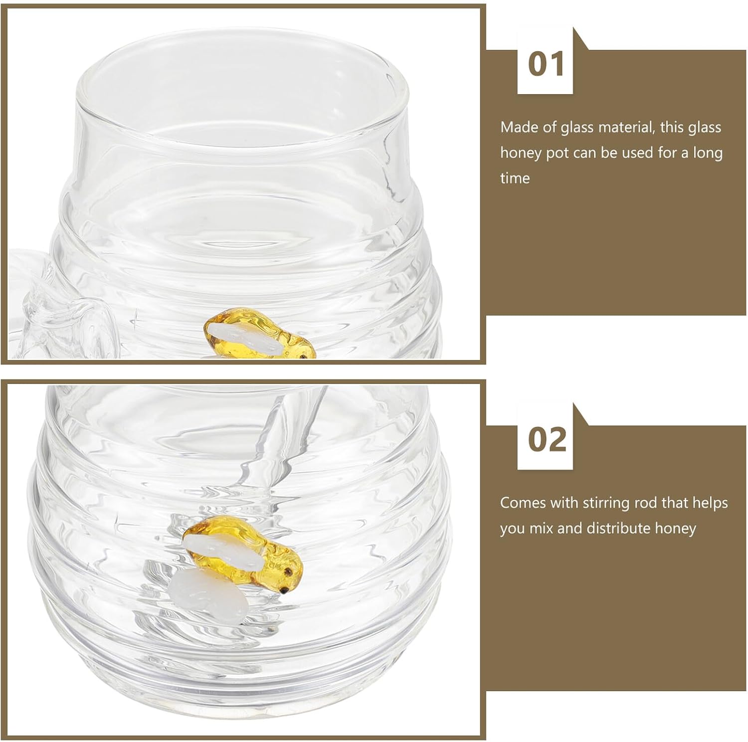 Glass Honey Jar with Lid and Honey Dipper Stick Set of 2 for Kitchen and Dining Use