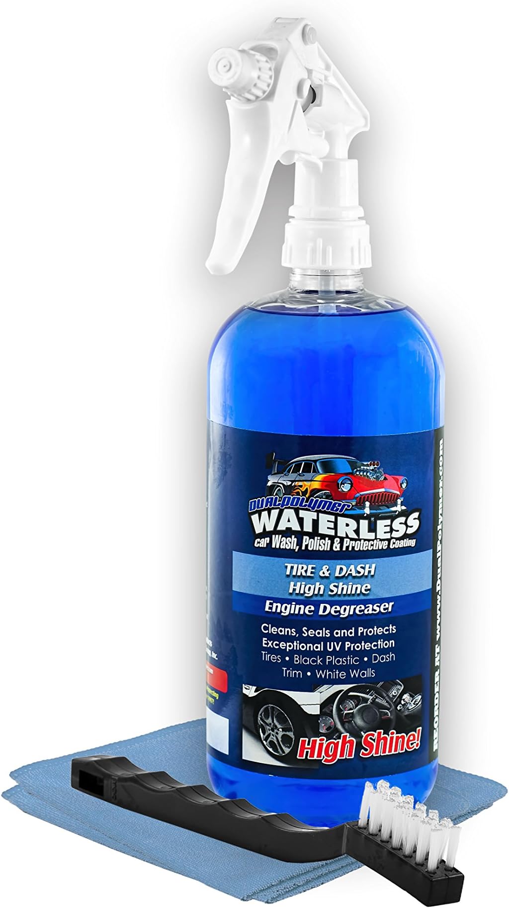 Dualpolymer Tire & Dash High Shine - Interior Cleaner - Tire & Plastic UV Protection - So Hard On Dirt You Can Degrease Your Engine - Blue Terry Cloth And Trim Brush Included