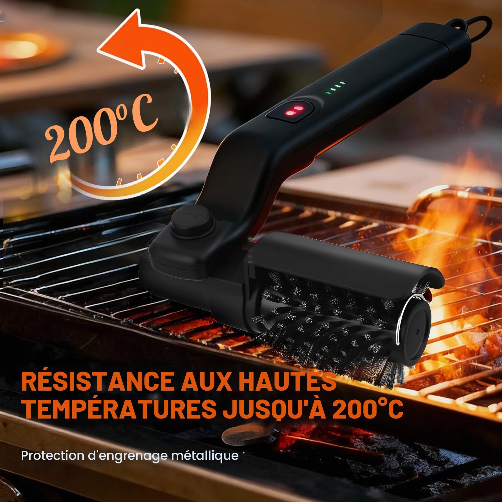Brosse Électrique De Nettoyage pour Barbecue,sans Poils,3 Vitesses,Etanche IPX7,en Acier Inoxydable 304,Indicateur De Batterie À 5 Niveaux,Compatible avec Tous Les Barbecues