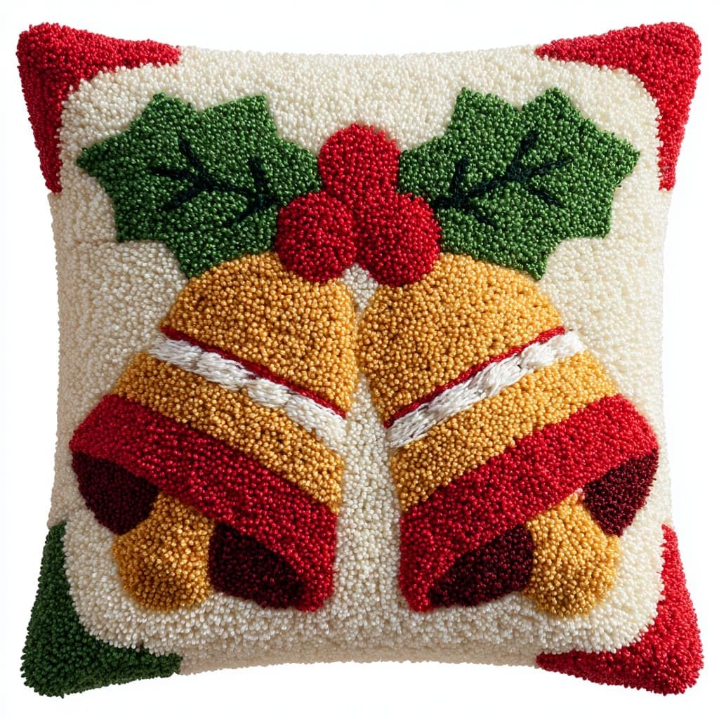 Taxpy DIY Latch Hook Pillow Kits, Christmas Bells Throw Pillow Cover Pre-Printed Patterns Pillowcase Needlework Crochet Yarns Latch Hooking Cushion for Sofa Decor 17x17inch