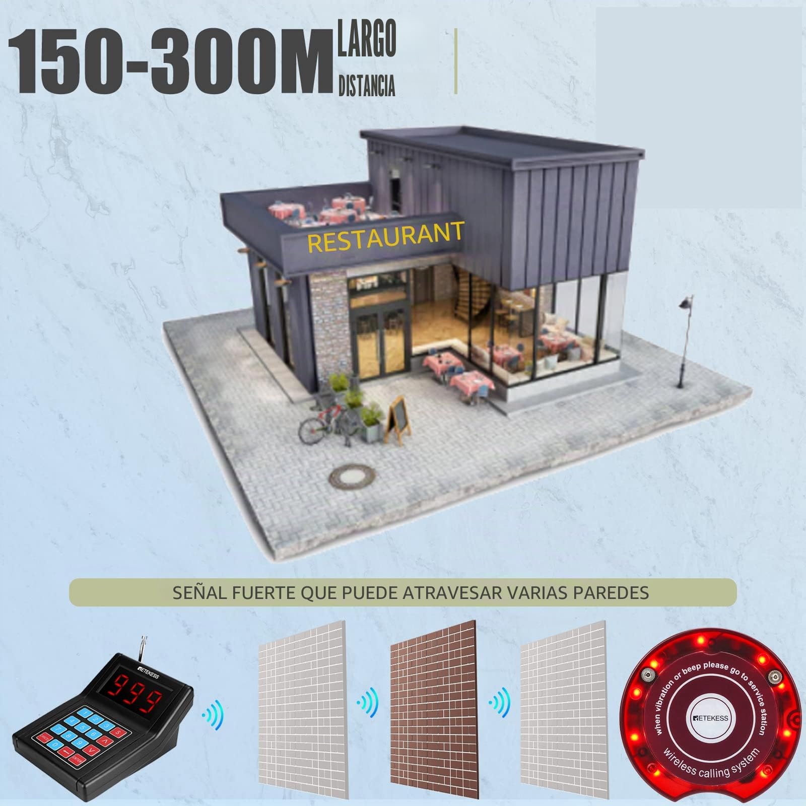 Retekess TD165 Sistema de Llamadas Restaurante, Avisadores, 10 Pagers | para Restaurantes, Hoteles, Clínicas, Largo Alcance de 300M, 999 Canales, Recargables, 3 Modos de Llamada