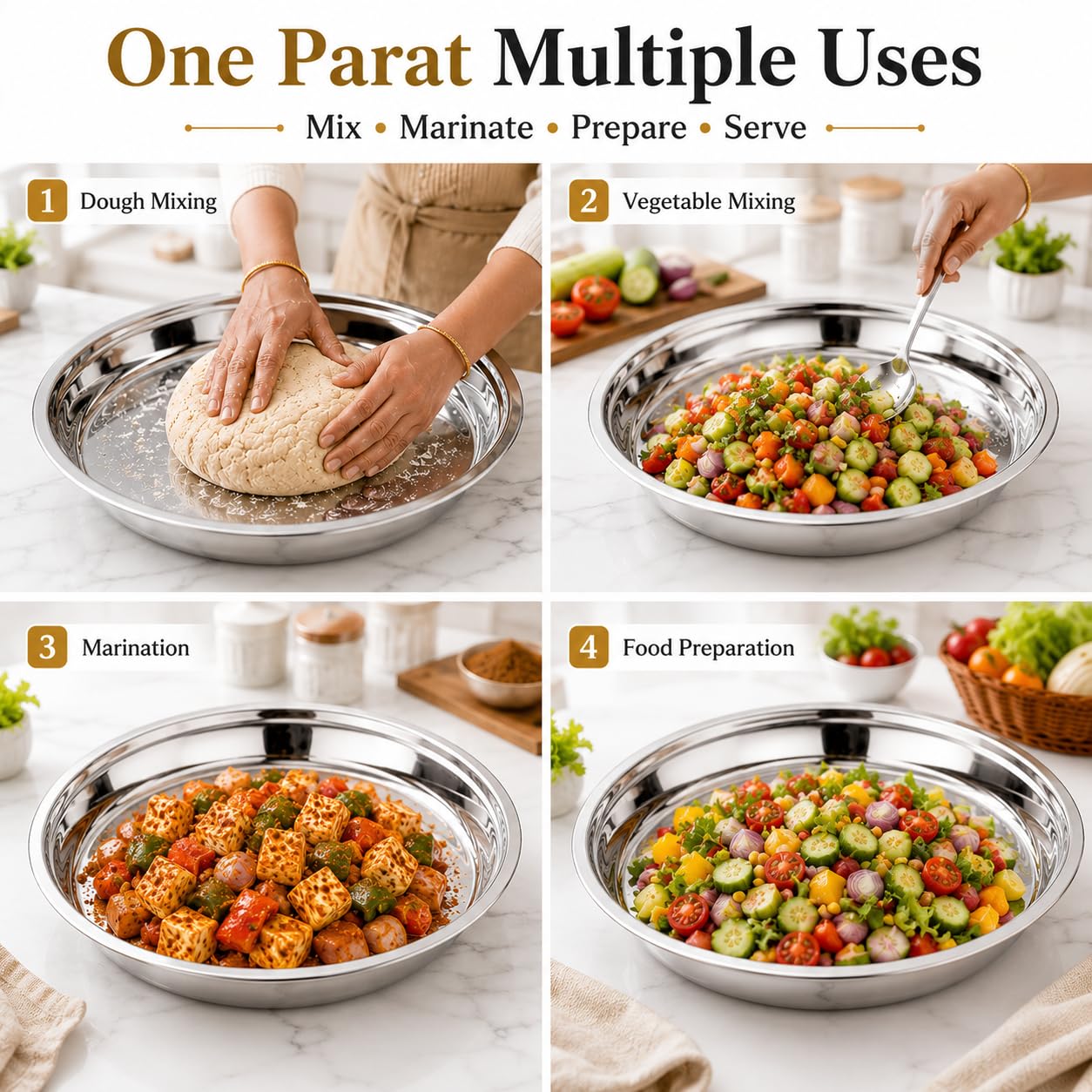 Kanshita's Rasoiware Stainless Steel Parat | 29 Cm Silver Touch Kneading & Mixing Bowl | Traditional Indian Kitchenware for Roti, Puri & Dough Preparation 3
