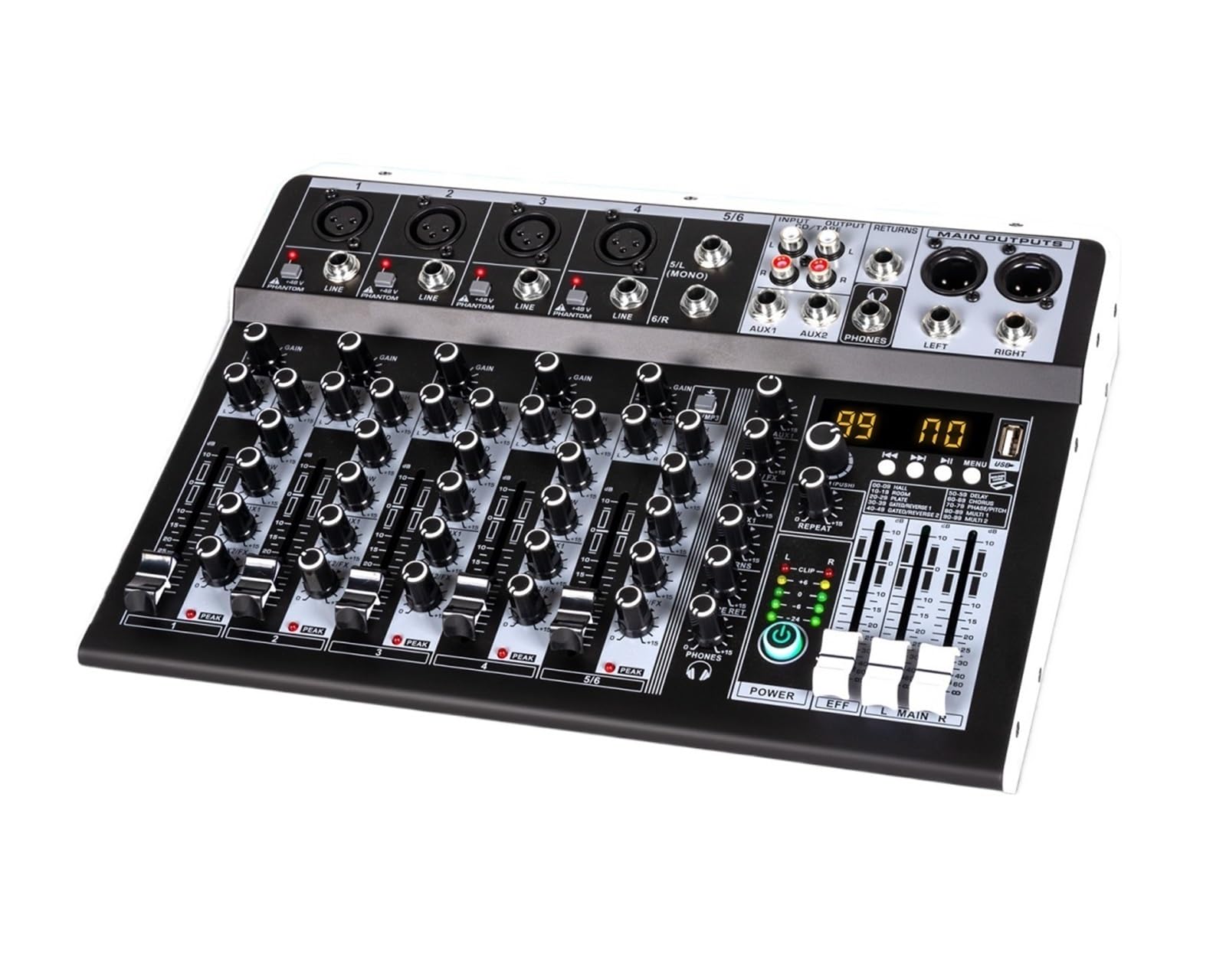 4/6 Channel Interfacer DJ Mixer Sound Board 99-Bit DSP Effect USB Mixer Effects +48V Phantom Bluetooth(6 Channel)