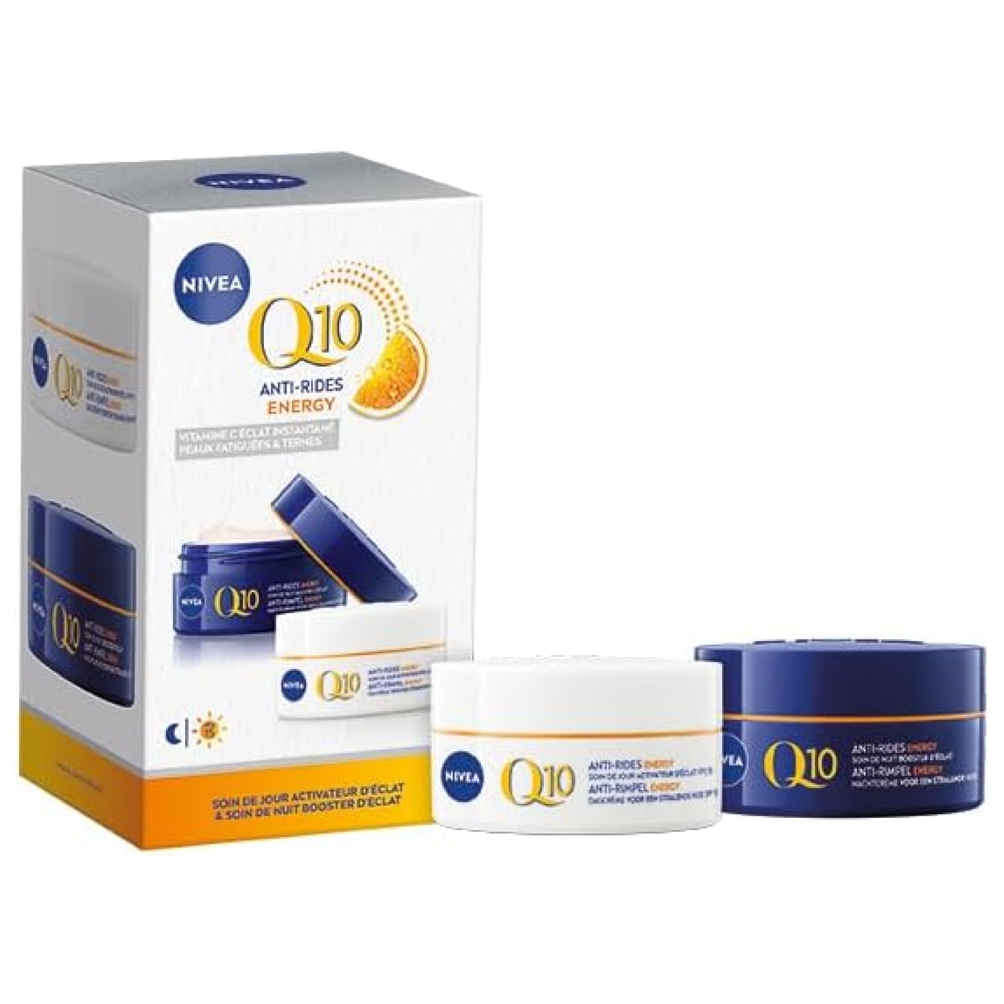 NIVEA Coffret Visage Q10 Energy (1 x 1 pce) - Soins visage anti-rides - Routine crème hydratante visage et éclat à la Vitamine C - Crème jour FPS15 + crème nuit énergisante peaux ternes & fatiguées
