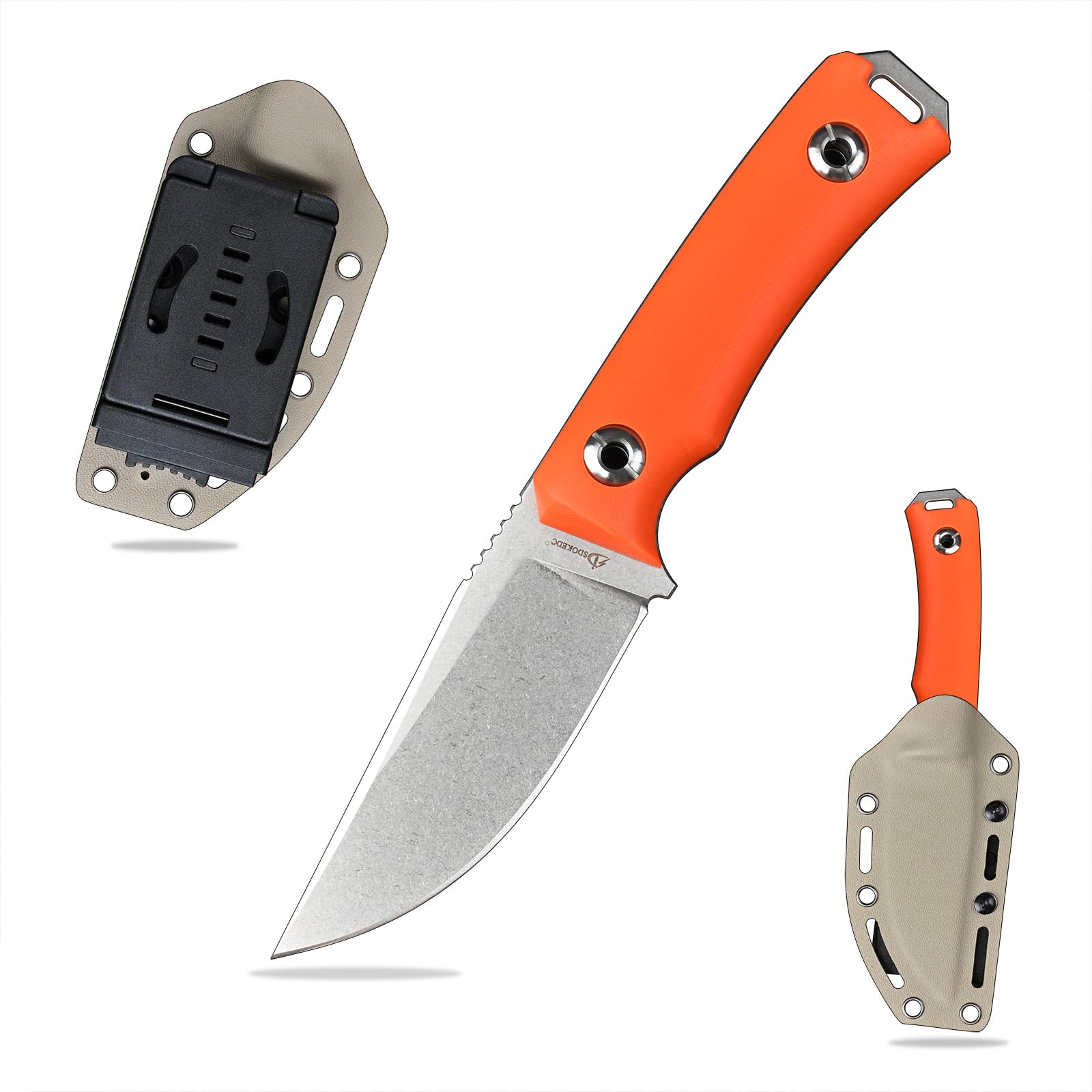 SDOKEDC DC53 Stahl Feststehendes Outdoor Messer mit G10 Griff & Kydex Scheide, Jagdmesser & Outdoor Werkzeug für Männer, EDC Camping Survival (Weiß+Orange)