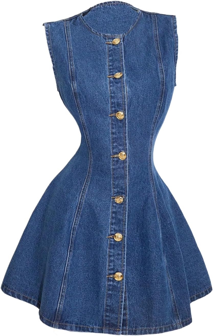 Milumia Women's Button Down Sleeveless Jean Dress Y2k A Line Short Denim Dresses