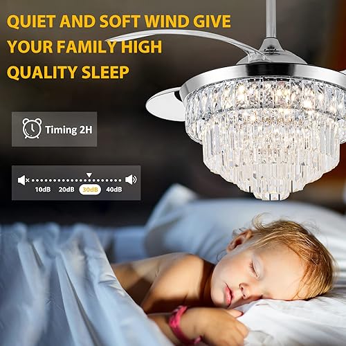 Miniatura 4 de Ventilador de techo de cristal con luz, lámpara de cristal regulable de 42 pulgadas, moderno ventilador de techo retráctil de 6 velocidades,