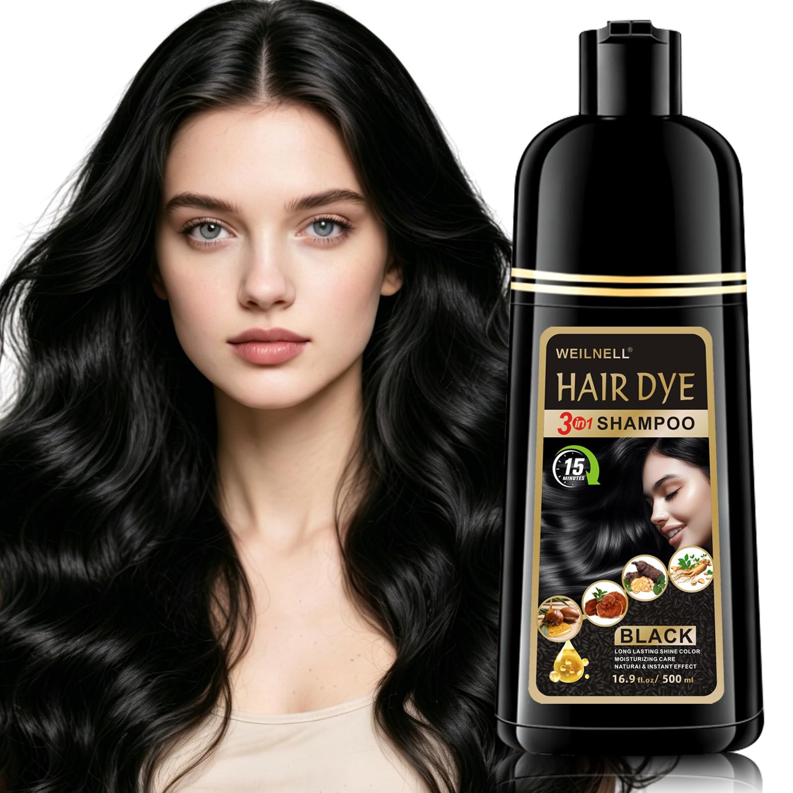 Hair Dye, 3 in 1 Color Shampoo for Cover Grey Hair, Natural Herbal Ingredients Shampoo Hair Dye for Women Men 500ml